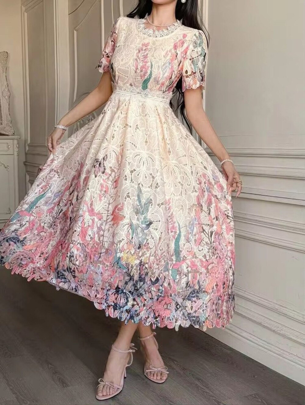 NEW LaiMeng Five Cats Floral Dress Princess Tea Party Garden Cottagecore XL